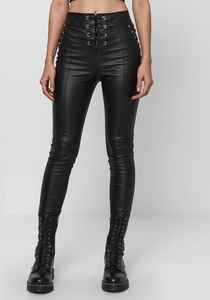 <b>Lace</b>-<b>Up</b> Lambskin <b>Leather</b> <b>Pants</b> High Waist Skinny Fit Trousers - Product Image 2