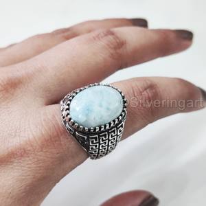 Nuevo Anillo Exclusivo para Hombre con Piedra Preciosa Natural de Larimar, Anillo de Plata de Ley 925 con Piedra de Nacimiento en Todos los Tamaños, Regalo de Navidad Árabe - Product Image 5