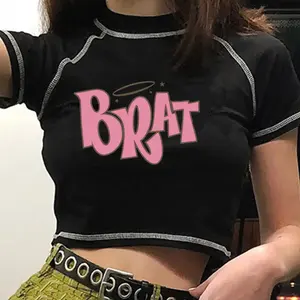 Toptan rahat yaz T Shirt özel % 100% pamuk yüksek boyun tankı düz CropTops kadınlar için seksi toplu kırpma üst gömlek