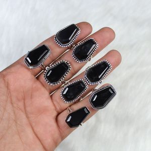 Wholesale Silver Plated Black Onyx Coffin <b>Ring</b> Crystals Gemstone Bezel Setting Casual Style Jewelry - Product Image 1