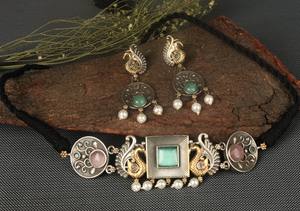 Oxidized <b>Silver</b> Blue Pink Monalisa Gemstone <b>Necklace</b> <b>Earring</b> <b>Set</b> Boho Ethnic Jewelry Gift for her - Product Image 2