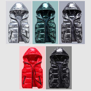 Wholesale Waterproof Shiny Bubble <b>Men's</b> Jackets & <b>Vests</b> With Hoodie Custom Logo Winter Sleeveless Glossy Puffer <b>Vest</b> Body Warmer - Product Image 3