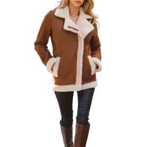 Chaqueta de bombardero con cremallera de cuero de piel de oveja Premium marrón, abrigo con forro de piel de oveja, chaqueta de bombardero para mujer - Product Image 4