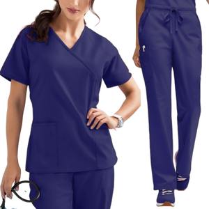 Women's Multicolor V-Neck Tops and Jogger Pants <b>Set</b> Short Sleeve Medical Workwear for Hospital <b>Doctor</b> Scrub Uniforms - Product Image 5