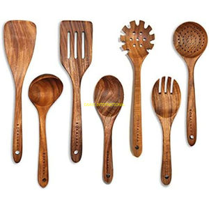 Juego de cucharas de madera hechas a mano, 4 piezas con asas de diseño de incrustaciones, utensilios de madera natural para servir, comedor, cocina, decoración ecológica - Product Image 4