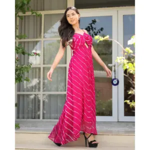 Robe évasée Nancy vintage rose à imprimé Leheriya en pur chiffon léger 4.3 - Product Image 2