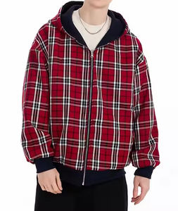 Zipper Plaid <b>Jacket</b> <b>Men</b> Boxy Heavyweight Drop Shoulder Striped Double Layer Reversible <b>Flannel</b> Hoodie - Product Image 4