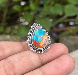 แหวนเงินแท้ 925 คุณภาพดี ประดับมุกและเทอร์ควอยซ์ทรงลูกแพร์ ขนาด 10x14 มม. ฝังแบบ Bezel ทำมือ สไตล์โบฮีเมียน เหมาะสำหรับงานแต่งงานและงานปาร์ตี้ - Product Image 5