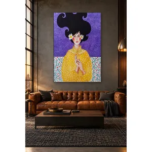 Fida, femme en robe jaune avec des marguerites sur fond violet à pois, impression sur toile - Product Image 2