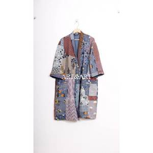 Hand-Stitched Black Patchwork Floral Design Summer Kimono Bath Robe Cut Work <b>Cardigan</b> Handmade Multi Kantha Quilted Breathable - Product Image 2