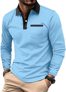 Camisetas de Polo de manga larga para hombre Camiseta de polo de algodón informal con bolsillo Camisa de golf con cuello de botón clásico con servicio OEM - Product Image 2