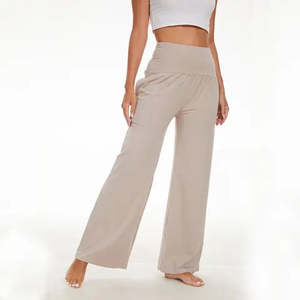 Pantalones de Pierna Ancha de Cintura Alta para Mujer, Color Sólido, Corte Holgado, Cintura Elástica, Pantalones Casuales de Verano de Punto de Algodón y Elastano con Bolsillos - Product Image 3