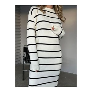 Abito Casual da donna a righe a maniche lunghe in maglia di colore bianco - Product Image 1