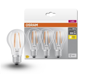 Confezione da 3 lampade LED standard in vetro trasparente E27 6,5W 2700K (Osram 819290) - Product Image 1