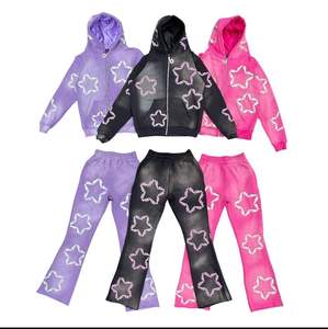 Conjunto Deportivo de Dos Piezas Estilo Urbano Desgastado por el Sol, Sudadera con Capucha y Pantalones Deportivos con Lavado Ácido y Parches Desgastados - Product Image 2