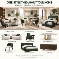 Ensemble de meubles modernes blancs et vert forêt sur mesure pour toute la maison, canapé modulaire, table à manger ovale, chaises et lit rembourré