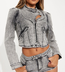 Manteau court en jean décontracté pour femmes avec nouveau style veste à manches longues en coton remplissage automne veste en jean taux de gros - Product Image 6