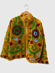 Hand Embroidered Geometric Pattern Mandarin Collar Jacket Full Sleeve Adult Autumn Wear <b>Velvet</b> Style Blouson Design - Product Image 3