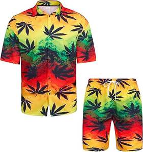 Tenues hawaïennes florales pour hommes, ensemble chemise à manches courtes boutonnée et short en 2 pièces - Product Image 5