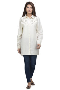 Women's Casual Bohemian Button-Down Embroidered Tunic 100% Organic Cotton Vintage Stitched Pattern Breathable for Office - Product Image 2