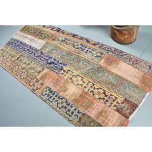 <b>Vintage</b> Blue Turkish <b>Rug</b> 3.5 X 7.6ft Boho Handmade Wool Carpet with Latex Backing for Bedside Rectangular Patchwork Pattern - Product Image 4