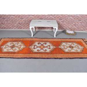 3x10.2 ft Turkish <b>Runner</b> <b>Rug</b>, Orange White Vintage Ombr Wool <b>Rug</b> - Product Image 3
