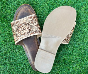 Western Style Real Handmade Genuine Tooled Leather Women Casual Comfort Flipflops Flat Flower Footwear <b>Open</b> Brown <b>Toe</b> Sandals - Product Image 6
