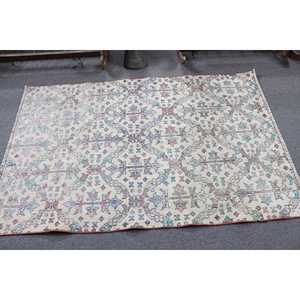 Alfombra Vintage de 3.8x6.4 pies, Alfombra Turca, Alfombra de Lana a Rayas Blancas y Azules - Product Image 3