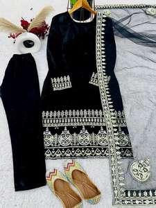 Nuevo vestido de diseñador para mujer Salwar Kameez elegante Top de terciopelo de viscosa pura pesada con fondo y conjunto Dupatta con bordado de secuencia - Product Image 5