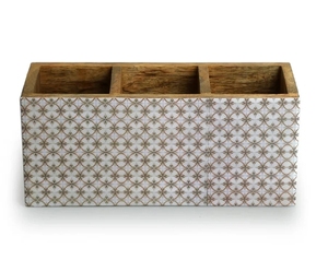 Geometric Tales Stationery & Cutlery Holder 3 Partitions Mango Wood Handcrafted Wooden Utensil Caddy Countertop Cutlery Holder - Product Image 4