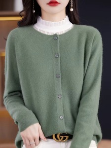 2024 nouveau Chic femmes basique col rond Cardigan 100% laine mérinos pull doux grâce tricots manteau printemps automne femme vêtements haut - Product Image 3