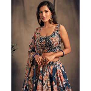 Vestido de Novia de Organza con Estampado Floral Azul, Lehenga Choli Festivo - Product Image 2