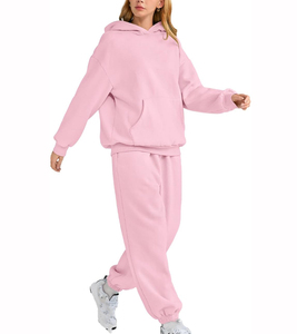 Ensemble de survêtement rose à capuche pour femme, manches longues, couleur unie, coupe décontractée, sweat-shirt et pantalon avec poches latérales - Product Image 1