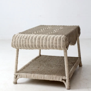 <b>Vintage</b> Handwoven Wicker Rectangular Two-Tier Coffee <b>Table</b> (Whitewash Finish) for Boho Living & Sunroom Decor - Product Image 3