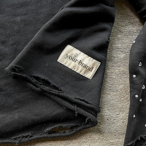 Camisetas de algodón grueso lavado desgastado Vintage para hombre, camiseta de manga larga con diamantes de imitación y logotipo de serigrafía personalizado de doble capa - Product Image 5