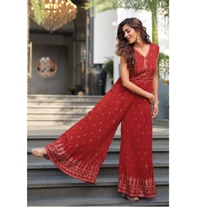 2022ผู้หญิงแฟชั่นมาใหม่ Chinon ผ้าเย็บปักถักร้อยทำงานสำเร็จรูปจั๊มสูทเซ็กซี่สีทึบสำหรับสุภาพสตรีผู้ค้าส่งอินเดีย - Product Image 1