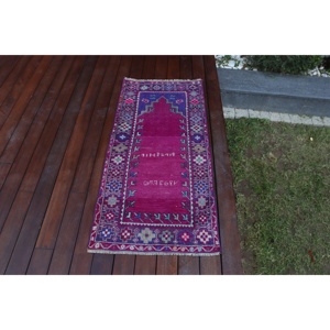 Tapis vintage 1,9x4,1 pieds, rose et bleu, tapis oriental en laine turque - Product Image 4