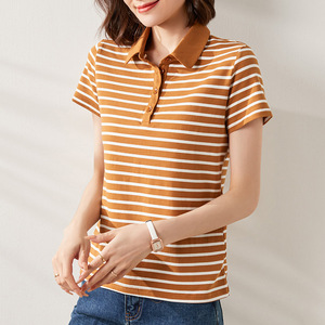 เสื้อโปโลลายทางสำหรับผู้หญิงเสื้อยืดผ้าฝ้ายแคชเมียร์วิสคอสทรงกว้างเข้ารูปสีทึบลายสก็อตทางการ - Product Image 4