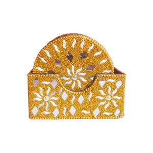 Indian Handicraft Lac Glitter Mirror Work Sun Design Posavasos Set Accesorios de cocina Posavasos hecho a mano de La India - Product Image 2