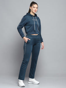 Ensemble de survêtements 2 pièces pour femmes à motif solide bleu sarcelle pantalon de survêtement à capuche respirant sur toute la longueur pour l'hiver écologique - Product Image 3