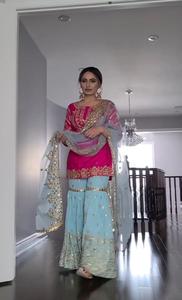 Chic traditionnel rose haut bleu ciel Georgette Palazzo Salwar costume élégant vêtements ethniques pour les fêtes mariages célébrations festives - Product Image 3