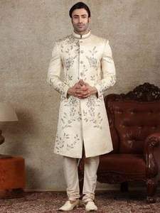 Elegante Zari Bordado de lana/terciopelo de seda Sherwani y conjunto de pantalón con cuentas de cristal antiarrugas cuello mandarín cremallera mosca - Product Image 5