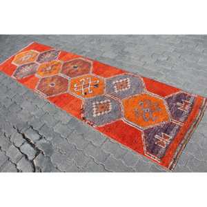 Herki Vintage Rug, 2.7x9.7 ft Turkish Rug, <b>Red</b> Polka dot <b>Wool</b> Rug - Product Image 2