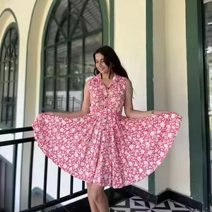เดรสผ้าเรยอนสีชมพูบลัชออนสำหรับผู้หญิง, เดรสผ้าเรยอนคอโบว์ระบายอากาศและพิมพ์ลายสำหรับใส่ไปทำงานในช่วงฤดูร้อน - Product Image 1