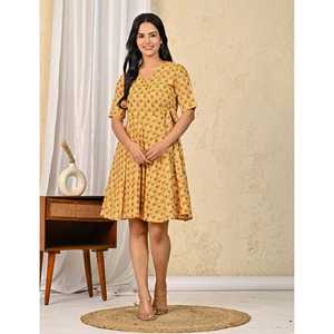 Vestido Amarillo de Algodón Estampado Tipo Wrap Talla XS, Informal y Moderno para Fiestas, Uso Diario y Festivales, Cintura Imperio, Diseño Transpirable - Product Image 3