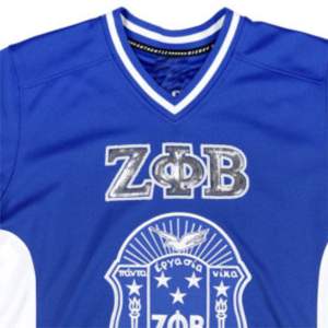 ZPB Football Jersey - <b>Royal</b> <b>Blue</b> 100% Polyester Zeta Phi Beta Jersey with Embroidered Logos & Shield V-Neck, Striped Sleeves - Product Image 6