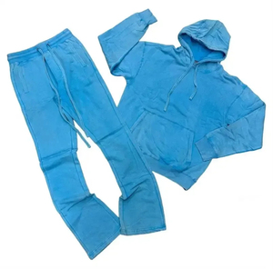 Custom Embroidery Unisex Purple Tracksuit Set Hooded Sweatshirt Flare Sweatpants 100% Cotton Solid Color Casual Winter - Product Image 5