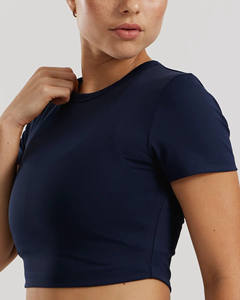 Femmes Super doux quatre voies Stretch été haut court t-shirts bleu saphir entraînement Fitness haut court manches courtes - Product Image 3