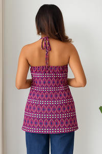 Timeless Fashion <b>Purple</b> Colored 100% Cotton Printed Halter Neck Short Kurti Designed For Comfort And Style Back Elastic - Product Image 2