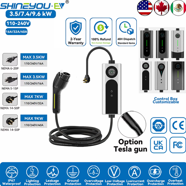 Shineyou Portable EV Charger NACS/SAE J1772 IP67 WiFi TUV Certified 3.5/7/9/12KW 110/240V for Retrofit/Upgrade Guangdong New